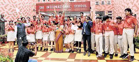 Students of SAI International School after the announcement of Class X examination results, on Wednesday
