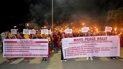 Women take out a Meira rally from Koirengei area to press their demands, in Imphal East district, Manipur, Sunday, April 19, 2026. 