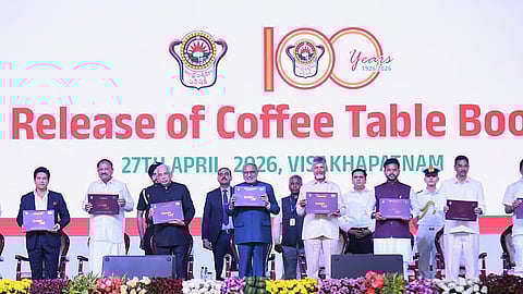 Vice-president CP Radhakrishnan, Governor S Abdul Nazeer, CM Nara Chandrababu Naidu and others during the centenary celebrations of Andhra University in Visakhapatnam on Monday. 