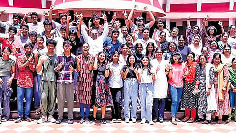 Students celebrating at Christ Nagar Central School at Kowdiar after the ICSE, ISC examinations results were announced on Thursday 