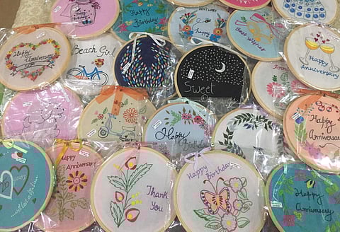 The women are taught the art of embroidery and making embroidered hoops