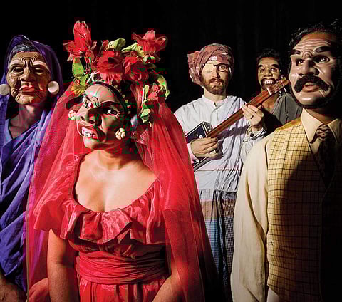 The masks used are from European and Asian traditions and have been reimagined them to speak to a modern audience