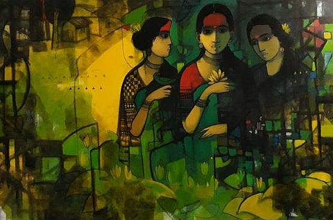Sagare uses moods, colours and diferent women to give his paintings as vivid an aura as possible