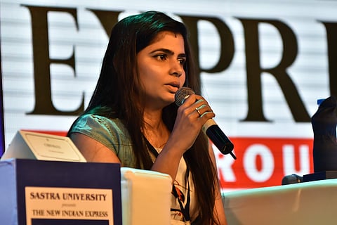 Singer Chinmayi Sripada addressing the crowd at The ThinkEdu conclave