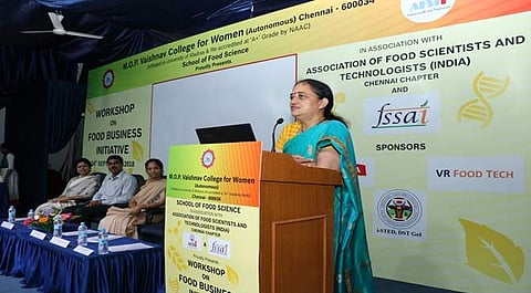 Dr Lalitha Balakrishnan, Principal, MOP Vaishnav College for Women, speaking at the event