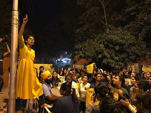 The protest led by the newly elected president, Kanu Priya in front of hostels 3 and 4 of the Punjab University