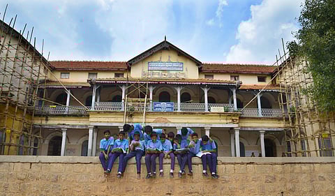 Students spending their time in a huge ground at the Fort High School in Chamrajpet