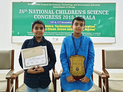 Meet Neeraj N and Adithyan U S, who clinched the first prize in the Junior Category of the State Children's Science Congress conducted at the Centre for Water Resources and Management (Pic: Neeraj)