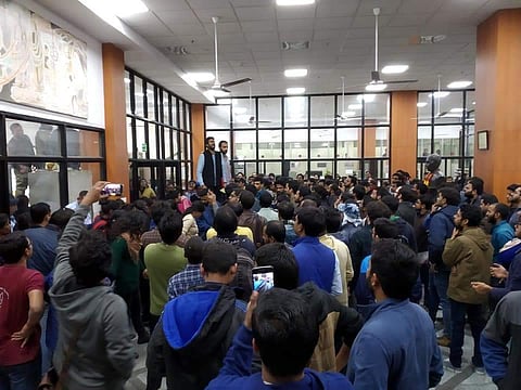 N Sai Balaji, President, JNUSU, speaking to the students on Thursday in front of the library (Pic: N Sai Balaji)