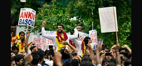 Baisoya, an MA student from DU's Department of Buddhist Studies, shot to power by winning 20,457 votes and was the poster boy for the party (Pic: Twitter/AbVP)
