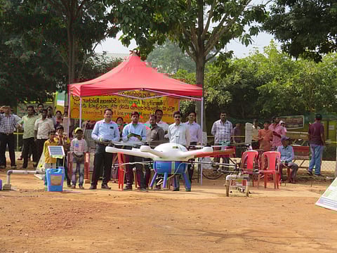 A prototype of spray mounted drone was exhibited at GKVK Krishi Mela, 2018 in Bengaluru (Pic: Nagesh Kumar)
