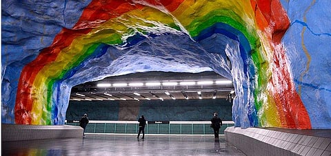 Commuters at the Stadion metro station in Stockholm