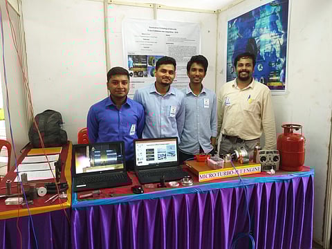 From left: Apoorv Gupta ,Vineeth Kumar,Jubin David,Professor Vinayaka N at the State level exhibition cum competition held at Belagavi