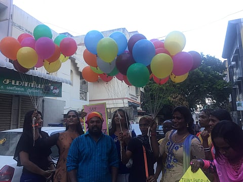 The activist group at Sahodaran released colourful balloons following the panel discussion