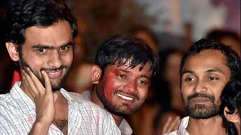Umar Khalid, Kanhaiya Kumar and Anirban Bhattacharya (pic: PTI)