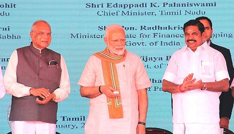 Prime Minister Narendra Modi is seen laying foundation stone for AIIMS in the presence of Chief Minister Edappadi K Palaniswami and Governor of Tamil Nadu Banwarilal Purohit at Madurai (Pic: Express)