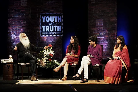 Sadhguru Jaggi Vasudev in a debate session at JNU (Pic: Twitter)