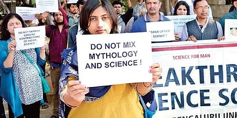 Scholars and researchers at the silent protest at IISc against unscienific views presented at the Indian Science Congress on Sunday (pic: Express/Shriram BN)