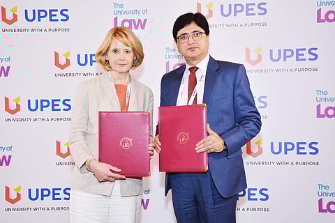 Professor Andrea Nollent, Vice-Chancellor and CEO of The University of Law (ULaw) and Dr. Deependra Kumar Jha, Vice Chancellor, UPES at the MoU signing ceremony (Pic: UPES)