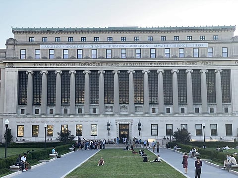 The banner in full display at the Butler Library, University of Columbia
