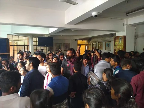 Students protest at the AD Block against draft hostel manual| Pic: JNU
