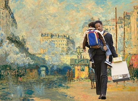 A still from a hollywood movie, The Pursuit of Happyness  against a painting of extérieur de la gare saint-lazare (Pic: Tabrez Alam)