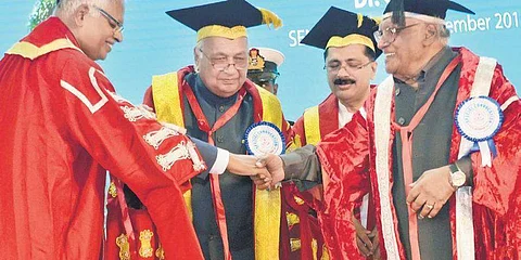 Governor Arif Mohammed Khan, Bharat Ratna Prof C N R Rao, Higher Education Minister K T Jaleel and Kerala University Vice-Chancellor V P Mahadevan Pillai at the special convocation