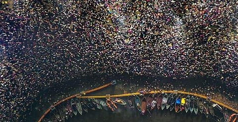 An aerial view of Sangam at early hours on the auspicious Mauni Amavasya during the Kumbh Mela (PTI)