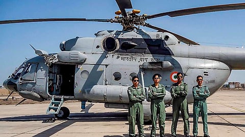 Three women IAF officers were part of the first all-women crew to fly a medium lift helicopter Mi-17 V5 (Pic: Twitter)