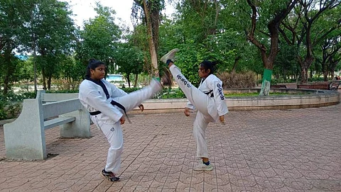 Srilekha and Monica practicing their kicks | (Pic: Srilekha Ponnapalli)