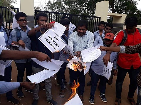 SFI cadres across the country marched in protest of the NEP draft and burnt copies of the policy