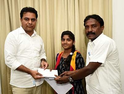 KTR hands over the funds to Anjali and her father (Pic: Express)