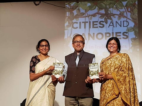 Seema Mundoli (right) Harini Nagendra (left) launched their book in the presence of Prof Raghavendra Gadagkar
