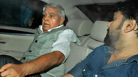Bengal Governor Jagdeep Dhankhar leaves Jadavpur University with Babul Supriyo (Pic: PTI)