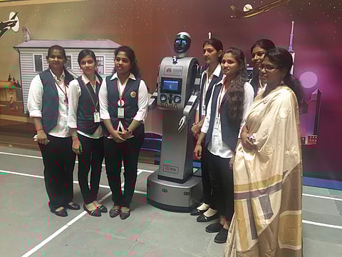 Students at Shasun Jain College with their robot SARA (Pic: Edexlive)