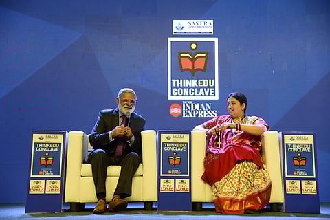 Editorial Director of The New Indian Express Prabhu Chawla with the Union Minister of Textiles and Women and Child Development Smriti Irani | (Pic: Express)