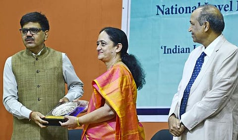 Mangat Ram Sharma, Principal Secretary, State Higher Education Dept with MOP Vaishnav College Principal Lalitha Balakrishnan and Former UGC Vice-Chairman Dr H Devaraj at the Conclave |Pic: D Sampath K