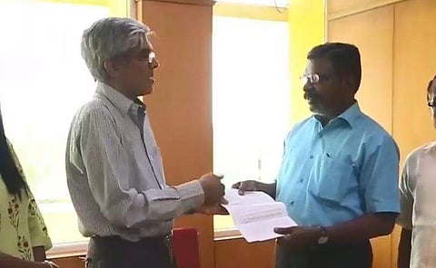 MP Thol Thirumaavalavan handing over a representation to the IIT Madras Director