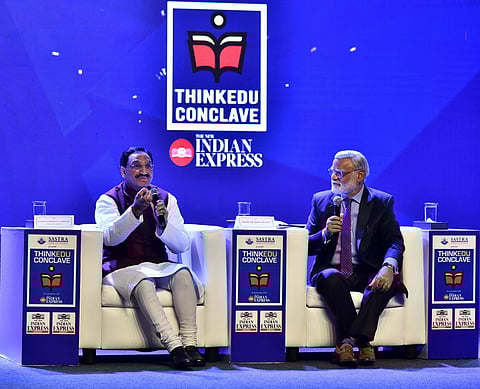 Ramesh Pokhriyal, Minister of HRD with Prabhu Chawla at ThinkEdu 2020