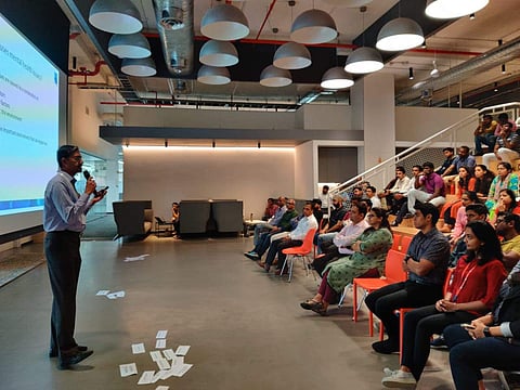 Manoj Chandran , CEO, White Swan Foundation speaking to youngsters