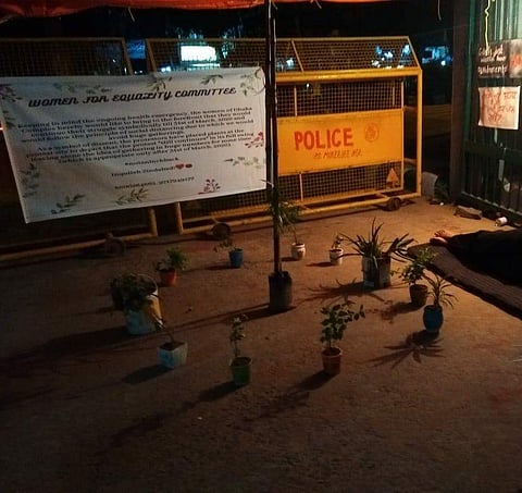 DU's women students have put plants at the sit-in spot (Pic: Sourced)