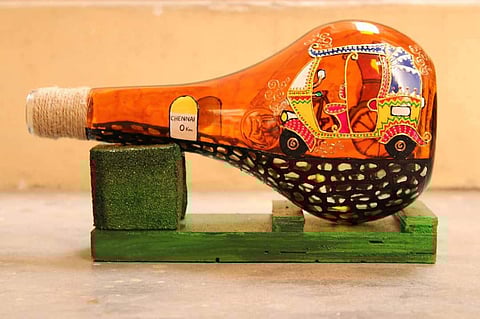 A glass bottle painted by Vidya Bhat (Pics: Vidya Bhat)