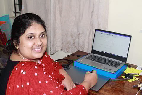 Poornima V while taking homeschooling kids at home through online mode