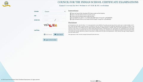 Screenshot of the CISCE results website