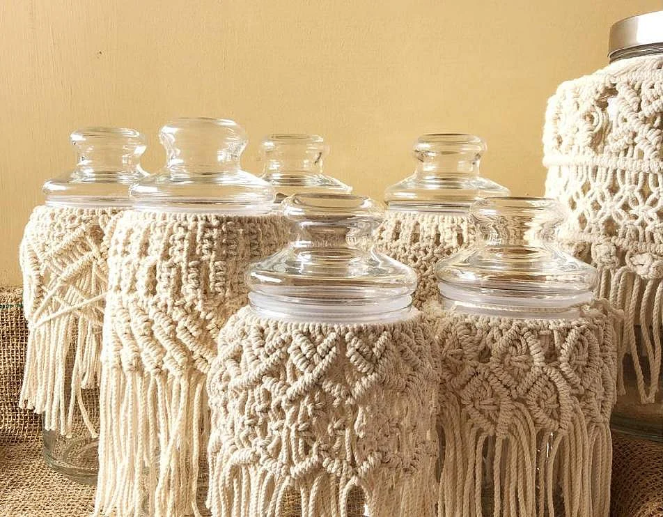 Glass jars covered with macramé (Pics: Kavia Udhayasuriyan)