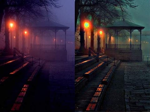 A hazy image covered in mist alongside a revised image improved by IITM
