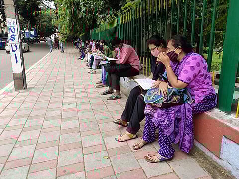 Students waiting outside the exam centre (Pic:Edex)