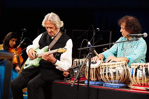 (From left to right) Apoorva Krishna, John McLaughlin and Zakir Hussain