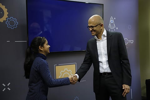Namya Joshi with Microsoft CEO Satya Nadella