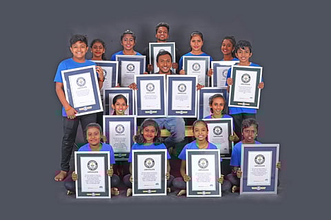 The students and trainers at Gokulnath Unique Talent Academy pose with the Guinness World Records certificates along with the founder | Pic: K Gokulnath